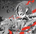  1boy blood blood_on_clothes blood_on_weapon commentary_request crazy_smile dark_persona dragon_quest dragon_quest_x gloves hero_(dq10) highres holding holding_sword holding_weapon male_focus open_mouth profile red_eyes scone_umaize short_hair smile solo spot_color sword translation_request tunic twitter_username upper_body weapon wide-eyed 