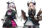  2girls ahoge alternate_costume black_corset black_dress black_skirt blonde_hair blue_hair bodystocking cane capelet closed_mouth commentary_request corset dress enna_alouette eyepatch feathered_wings fishnet_bodystocking fishnets gloves gradient_hair green_capelet green_skirt hairband halterneck hand_on_own_chin hand_up head_wings heart heart_ahoge hoop_skirt inaeda_kei lolita_hairband long_hair looking_at_viewer maria_marionette mechanical_wings multicolored_hair multiple_girls nijisanji nijisanji_en off-shoulder_dress off_shoulder official_art overskirt pink_eyes pink_hair ponytail puffy_short_sleeves puffy_sleeves purple_eyes purple_hair sample_watermark shirt short_sleeves simple_background skirt smile streaked_hair striped_clothes striped_skirt virtual_youtuber watermark white_background white_shirt wings 