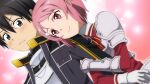  1boy 1girl arm_hug armor blush freckles game_cg highres kirito lisbeth pink_hair short_hair simple_background sword_art_online sword_art_online:_hollow_fragment 