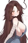  1girl ahoge arms_behind_back bandaged_arm bandages black_choker blush breasts brown_eyes brown_hair choker closed_mouth english_text eyebrows_hidden_by_hair eyes_visible_through_hair grey_overalls hazel_eyes heart heart_ahoge highres huge_ahoge indie_virtual_youtuber long_hair looking_at_viewer overalls parted_bangs sideboob sky_above_me sky_above_me_(vtuber) smile solo standing very_long_hair virtual_youtuber white_background 