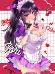  1girl apron belt black_bow black_bowtie black_choker black_hair bow bowtie breasts center_frills cherry choker cleavage closed_mouth dress food frills fruit hair_ornament hairpin heart heart_hair_ornament heart_hands highres ichiyou_moka large_breasts long_hair maid_headdress original pink_belt ponytail purple_dress purple_eyes smile solo takanashi_iori_(ichiyou_moka) thigh_belt thigh_strap white_apron 
