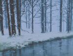  23i2ko bare_tree blurry blurry_foreground branch depth_of_field footprints forest grass highres nature no_humans original reflection reflective_water ripples river riverbank scenery snow snowing tree winter 