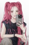  1girl absurdres artelsia blush bracelet closed_mouth commentary eyeshadow highres holding holding_phone holding_removed_eyewear jewelry kpop_demon_hunters long_hair looking_at_viewer makeup mira_(kpop_demon_hunters) phone pink_hair pink_lips pink_nails ring sidelocks sleeveless solo twintails unworn_eyewear 