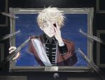  1boy aiming axis_powers_hetalia bleeding blonde_hair blood blood_on_face blood_on_hands eye_injury green_eyes gun guro highres jacket long_sleeves looking_at_viewer male_focus military_jacket military_uniform missing_eye partially_submerged picture_frame rifle sash shilang240 short_hair solo thick_eyebrows united_kingdom_(hetalia) water weapon wide-eyed 