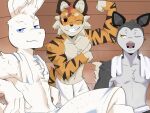  3boys abs animal_ears closed_mouth english_commentary flexing furry furry_male grin highres i_think_i_like_you looking_at_another looking_at_viewer male_focus may0nnaixe multicolored_hair multiple_boys naked_towel navel one_eye_closed pectorals possum_boy possum_ears rabbit_boy rabbit_ears red_(itily) sauna sitting sky_(itily) smile streaked_hair sweat tail tiger_boy tiger_ears tiger_stripes tiger_tail toned toned_male topless_male towel towel_around_neck zeb_(itily) 