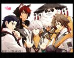  5boys animal_ears artist_name blush character_request collar crossed_arms english_commentary facing_viewer furry furry_male glasses grin hand_on_own_chin heart jewelry komano_manato looking_at_viewer male_focus multicolored_hair multiple_boys muscular muscular_male necklace open_hands pan_yinhu panda_boy pectorals roti_strawberi round_eyewear signature smile sparkle sweat upper_body white_background wise_(soaring_crane)_(zenless_zone_zero) wise_(zenless_zone_zero) wolf_boy wolf_ears ye_shiyuan zenless_zone_zero 