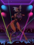 3:4 3_fingers 3_toes absurd_res anthro audience background_character barefoot bedroom_eyes biped black_and_orange breast_squish breasts crowd dance_floor detailed_background digital_drawing_(artwork) digital_media_(artwork) digitigrade feet female female_anthro fingers frill_(anatomy) group hi_res lights machine mivi_(kebirb) multicolored_body narrowed_eyes pasties pasties_only public pussy_tape robot scalie screen screen_face seductive signature smile snout solo solo_focus squish synth_(vader-san) tail tape toes tyo_dem visor watermark