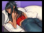  1girl ass bangs bare_shoulders black_border black_hair blue_pants blush border commentary_request couch crop_top dark-skinned_female dark_skin denim dokiyuri eyebrows_visible_through_hair idolmaster idolmaster_shiny_colors jeans kazano_hiori long_hair looking_at_viewer looking_back lying mole mole_under_mouth on_stomach pants pillow ponytail purple_eyes red_shirt shirt sleeveless sleeveless_shirt solo tan 