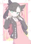  1girl asymmetrical_bangs backpack bag black_choker black_hair black_jacket black_nails choker closed_mouth collarbone dress dusk_ball green_eyes hair_ribbon hands_up highres holding holding_poke_ball jacket looking_at_viewer marnie_(pokemon) pink_dress poke_ball pokemon pokemon_swsh ribbon shisa-tsukishima solo undercut 