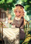  1girl absurdres blonde_hair braid brown_jacket bug cake chair chromatic_aberration cup dark_skin dorianpanda elf food hat highres hololive insect jacket ladybug macaron pointy_ears red_eyes sailor_collar shiranui_flare sitting smile solo strawberry_shortcake sunlight table teacup tree tree_shade virtual_youtuber 