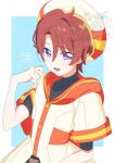  1boy ahoge back_bow beret black_shirt blue_background border bow brown_hair buttons cowboy_shot grey_pants hair_between_eyes hand_on_own_shoulder happy hat high-waist_pants highres layered_sleeves light_blush magical_boy male_focus open_mouth orange_bow orange_sailor_collar outside_border pants pointy_nose precure purple_eyes robe sailor_collar serizawa_serizane shirt short_hair short_sleeves single_hair_intake smile solo standing toyama_satoru turtleneck turtleneck_shirt twitter_username watermark watermark_grid white_border white_hat white_robe wonderful_precure! 