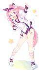  1girl animal_ears bandaid bandaid_on_leg blush buruma clenched_hand commentary_request ear_covers fingerless_gloves gloves gym_uniform haru_urara_(umamusume) headband highres horse_ears horse_girl horse_tail jacket kiguchiko long_hair looking_at_viewer open_clothes open_jacket open_mouth pink_eyes pink_hair ponytail red_buruma red_gloves red_headband shirt simple_background socks solo standing star_(symbol) tail umamusume white_jacket white_shirt white_socks 