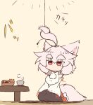  1girl ahoge animal_ear_fluff animal_ears bare_shoulders black_skirt blush breasts ceiling_light cookie cup detached_sleeves food hat highres indoors inubashiri_momiji jitome large_breasts leaf maple_leaf no_mouth prehensile_hair red_eyes red_hat red_skirt shirt short_hair shun_s86 sitting skirt sleeveless sleeveless_shirt table tail tail_wagging thick_eyebrows touhou turtleneck turtleneck_shirt two-tone_skirt white_hair white_shirt white_sleeves wolf_ears wolf_girl wolf_tail 