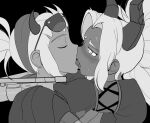  2girls armband arms_around_neck bangs blush closed_eyes demon_girl demon_horns eyewear_on_head french_kiss from_side glowing glowing_eyes greyscale haaru hairband helltaker horns judgement_(helltaker) justice_(helltaker) kiss long_hair looking_at_another monochrome multiple_girls ponytail profile sunglasses symbol-only_commentary tongue tongue_out yuri 