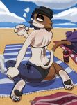 2025 4_fingers absurd_res anthro bag beach beach_towel beanie bear big_butt bikini black_beanie black_clothing black_eyelids black_hat black_headwear black_pawpads brown_body brown_fur butt calico_cat calico_pattern cigarette cigarette_smoke claws clothed clothed_anthro clothed_female clothing cloud colored day detailed_background digital_drawing_(artwork) digital_media_(artwork) dipstick_tail domestic_cat epic_games eyebrows eyelashes felid feline felis female female_anthro finger_claws fingers fortnite full-length_portrait fur glistening glistening_eyelids half-closed_eyes hat headgear headwear heart_symbol hi_res holding_cigarette holding_object kitapult kneeling lidded_eyes looking_at_viewer looking_back looking_back_at_viewer mammal markings meow_skulls mouth_closed multicolored_body multicolored_fur narrowed_eyes pawpads portrait raven_team_leader sand sea seaside sky small_waist smile smirk smoke solo string_bikini suggestive swimwear tail tail_markings tan_body tan_fur towel two-piece_swimsuit water yellow_eyes
