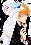  1boy 1girl alpen_no_koyari bankai black_background black_vs_white bleach bleach:_sennen_kessen-hen blue_eyes brown_eyes closed_mouth colored_eyelashes commentary_request cracked_skin double-parted_bangs dress eyebrows_hidden_by_hair eyelashes fighting_stance frown hair_between_eyes hair_ornament hakka_no_togame_(bankai) hand_up highres holding holding_sword holding_weapon ice kanzashi katana kubo_tite_(style) kuchiki_rukia kurosaki_ichigo long_sleeves looking_at_viewer nose official_alternate_costume official_style orange_hair over_shoulder serious shihakusho short_hair simple_background spiked_hair sword sword_over_shoulder tensa_zangetsu_(bankai) tsurime upper_body upturned_eyes weapon weapon_over_shoulder white_background white_dress white_eyelashes 