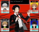  2girls 3boys adachi_tooru amagi_yukiko angry belt belt_buckle black_belt black_eyes black_hair black_jacket black_pants black_suit boss_fight brown_eyes brown_hair buckle business_suit clenched_teeth closed_eyes closed_mouth dialogue_box dot_nose dress_shirt english_text expressionless finger_on_trigger flipped_hair floating_neckwear frown furrowed_brow gameplay_mechanics glaring green_jacket grey_eyes grey_hair grin gun hairband halftone hanamura_yousuke hand_up headphones headphones_around_neck health_bar high_collar highres holding holding_gun holding_weapon houndstooth jacket kafei146 lapels long_hair long_sleeves looking_at_viewer looking_to_the_side messy_hair multicolored_jacket multiple_boys multiple_girls narukami_yu necktie no_sclera notched_lapels omocat_(style) omori open_clothes open_jacket outline pants parody persona persona_4 raised_inner_eyebrows red_background red_hairband red_necktie revolver sad satonaka_chie scared school_uniform shirt shirt_tucked_in short_hair smile spoilers standing style_parody suit suit_jacket sweatdrop teeth tsurime turtleneck turtleneck_jacket wavy_mouth weapon white_outline white_shirt wing_collar yasogami_school_uniform yellow_eyes yellow_jacket zipper 