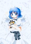  2girls black_ribbon blue_eyes blue_hair blush bow cowboy_shot dress eyebrows_visible_through_hair feathered_wings feathers hair_bow highres holding mai_(touhou) multiple_girls neck_ribbon ougi_maimai ribbon short_hair smile touhou touhou_(pc-98) waist_bow white_bow white_dress wings yuki_(touhou) 