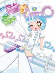  1girl ;d blue_hair boots dress gloves green_eyes hair_rings hat highres intravenous_drip monster_girl nurse nurse_cap official_art one_eye_closed oversized_object puniru_(puniru_wa_kawaii_slime) puniru_wa_kawaii_slime purple_hair short_dress sitting slime_girl slime_hair smile solo syringe thigh_boots white_boots white_dress white_gloves 