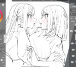  2girls after_kiss art_program_in_frame bang_dream! bang_dream!_it&#039;s_mygo!!!!! blush commentary_request extreme_yuri_buta eye_contact greyscale hair_ribbon hand_in_another&#039;s_hair highres long_hair long_sleeves looking_at_another medium_hair misumi_uika monochrome multiple_girls open_mouth ribbon saliva saliva_trail shirt short_sleeves spot_color togawa_sakiko tongue tongue_out two_side_up unfinished yuri 