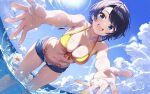  1girl absurdres alternate_costume artist_name bare_arms bikini black_hair blue_eyes blue_shorts blue_sky blush breasts cleavage cloud cloudy_sky commentary curio_(curiofinity) day denim denim_shorts dutch_angle highres hololive large_breasts looking_at_viewer navel o-ring o-ring_bikini_bottom o-ring_bottom ocean oozora_subaru open_clothes open_mouth open_shorts outdoors outstretched_arms short_hair short_shorts shorts sky smile stomach swimsuit teeth thighs tomboy upper_teeth_only virtual_youtuber wading water_drop yellow_bikini 