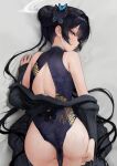  1girl absurdres ass back_cutout bare_back bare_shoulders black_dress black_hair blue_archive blush butterfly_hair_ornament china_dress chinese_clothes clothing_cutout dragon_print dress grey_eyes grey_jacket hair_bun hair_ornament hand_on_own_ass highres jacket kisaki_(blue_archive) long_hair open_mouth solo striped_clothes striped_jacket top-down_bottom-up twintails vertical-striped_clothes vertical-striped_jacket xiang_cheng_(nido) 