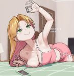  1girl arm_up armpits bare_shoulders bed bedroom blonde_hair breast_press breasts camisole cellphone cellphone_charm charm_(object) cleavage closed_mouth collarbone colored_inner_hair curtained_hair dolphin_shorts dot_nose hair_behind_ear highres holding holding_vial indoors long_hair lying maruko_tooto midriff multicolored_hair on_bed on_stomach parted_bangs phone pink_camisole pink_shorts raised_inner_eyebrows ruri_no_houseki shorts side_slit side_slit_shorts small_breasts smartphone solo spaghetti_strap strap_slip tanigawa_ruri television unfinished vial wavy_mouth 