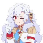  1girl aiguillette alpha_(alpha_1918) armband blue_sash buttons collar cross cross_pendant epaulettes findoworld fluffy fluffy_hair gloves gold_buttons gold_trim hair_ornament lips long_hair looking_at_viewer military military_uniform non-web_source official_art one_eye_closed original red_eyes red_sleeve_cuffs russian_empire sash sleeve_cuffs smile solo sticker thumbs_up transparent transparent_background upper_body very_long_hair white_gloves white_hair 