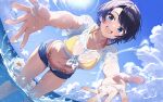  1girl absurdres alternate_costume artist_name bikini black_hair blue_eyes blue_shorts blue_sky blush breasts cloud cloudy_sky commentary curio_(curiofinity) day denim denim_shorts dutch_angle highres hololive large_breasts looking_at_viewer navel o-ring o-ring_bikini_bottom o-ring_bottom ocean oozora_subaru open_clothes open_mouth open_shorts outdoors outstretched_arms see-through_cleavage see-through_clothes see-through_shirt shirt short_hair short_shorts short_sleeves shorts sky smile stomach swimsuit teeth thighs tied_shirt tomboy upper_teeth_only virtual_youtuber wading water_drop wet wet_clothes wet_shirt white_shirt yellow_bikini 