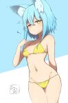  1girl absurdres animal_ear_fluff animal_ears ass_visible_through_thighs bangs bikini blue_background blue_hair blush breasts brown_eyes closed_mouth eyebrows_visible_through_hair groin hair_between_eyes hand_up highres idaten93 long_hair looking_at_viewer navel original small_breasts solo stomach swimsuit terufu-chan thigh_gap two-tone_background white_background yellow_bikini 