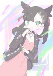  1girl asymmetrical_bangs backpack bag black_choker black_hair black_jacket black_nails choker closed_mouth collarbone dress dusk_ball green_eyes hair_ribbon hand_to_own_mouth hand_up highres holding holding_poke_ball jacket looking_at_viewer marnie_(pokemon) pink_dress poke_ball pokemon pokemon_swsh ribbon shisa-tsukishima solo undercut 