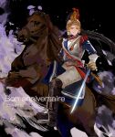  1boy absurdres armor axis_powers_hetalia blonde_hair blue_eyes boots bow breastplate brown_horse cavalry cubed_(houkuaid) dated epaulettes facial_hair france_(hetalia) french_army french_text full_body gloves goatee_stubble hair_bow helm helmet highres holding holding_sword holding_weapon horse horseback_riding jacket looking_at_viewer male_focus military_jacket military_uniform open_mouth pants plume rapier rearing reins riding sash sitting smile solo stirrups_(riding) stubble sword weapon 