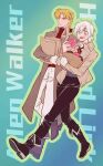  2boys allen_walker bag black_boots black_pants blonde_hair blue_background blue_vest boots braid brown_coat brown_jacket coat collared_coat collared_jacket collared_shirt d.gray-man donut english_text facial_mark food forehead_mark gloves gradient_background green_background grey_eyes hair_between_eyes hair_over_one_eye highres holding holding_bag holding_donut holding_food howard_link jacket long_coat long_hair looking_at_another looking_at_viewer low_ponytail male_focus multiple_boys open_mouth pants ponytail purple_boots red_eyes red_ribbon red_shirt ribbon rocheng scar scar_across_eye scar_on_face shirt short_hair short_ponytail sidelocks single_braid single_glove star_(symbol) star_facial_mark trench_coat turtleneck turtleneck_shirt vest white_gloves white_hair white_pants white_shirt 
