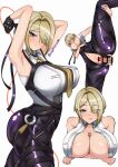  1boy 1girl absurdres armpits arms_under_breasts arms_up artist_name ass bar_censor black_pants black_ribbon blonde_hair breast_strap breasts censored chest_strap closed_mouth collared_shirt covered_nipples crossed_legs embarrassed evelyn_chevalier eyebrows_hidden_by_hair eyes_visible_through_hair hair_ribbon high-waist_pants highres large_breasts latex latex_pants leg_up long_hair long_ribbon looking_at_viewer mole mole_under_eye multiple_views nasubi_atmark navel necktie open_clothes open_shirt paizuri pants penis purple_eyes pussy ribbon shirt signature sleeveless sleeveless_shirt smile solo standing strap thighs tight_clothes tight_pants tongue tongue_out vaginal white_background white_shirt yellow_necktie zenless_zone_zero 