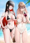  2girls atelier_live bare_hips beach bikini black_hair blue_eyes body_markings breasts brown_hair cleavage cleavage_cutout clothing_cutout ear_piercing expulse hand_on_hip legs_apart looking_at_viewer multicolored_hair multiple_girls multiple_piercings nanatsuki_nana o-ring o-ring_bikini original piercing red_hair sipping smile swimsuit tan tanlines tattoo zenith_(expulse) 