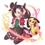  1girl 2024 aqua_eyes artist_name arutarika_(ri_kaoekaki) asymmetrical_bangs black_hair blush closed_eyes full_body gift heart highres holding holding_gift marnie_(palentine&#039;s_2022)_(pokemon) marnie_(pokemon) mawile medium_hair pokemon pokemon_(creature) pokemon_masters_ex red_eyes sitting sweat twitter_username wariza white_background 