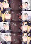  1boy 2girls :&gt;= abigail_williams_(fate) anilingus bangs bar_censor black_bow blonde_hair blue_eyes blush bow censored commentary_request cum cum_in_mouth dark-skinned_male dark_skin deepthroat eyebrows_visible_through_hair fate/grand_order fate_(series) fellatio ffm_threesome from_side green_eyes group_sex hair_bow heart hetero highres hiiro_h jack_the_ripper_(fate/apocrypha) long_hair multiple_bows multiple_girls multiple_hair_bows open_mouth oral penis polka_dot polka_dot_bow purple_bow scar scar_across_eye scar_on_cheek scar_on_face short_hair silver_hair simple_background steaming_body teamwork testicles threesome tongue tongue_out translation_request white_hair x-ray 