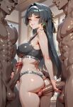  1girl 2boys ai-generated ass astra_yao bedroom black_hair blunt_bangs blush breasts dark-skinned_male dark_skin earrings group_sex hairband highres huge_ass jewelry large_breasts large_penis multiple_boys non-web_source penis pink_lips red_eyes threesome white_hairband 