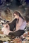  1boy absurdres alcohol alternate_costume alternate_hairstyle architecture bamboo bare_pectorals bathrobe bishounen black_coat black_hair branded brown_eyes brown_hair chinese_clothes choko_(cup) closed_mouth coat coat_partially_removed collarbone cup east_asian_architecture embers flower hair_down half-closed_eyes hanfu highres holding holding_cup jujeop knee_up korean_commentary leaf light_particles long_hair long_sleeves looking_to_the_side lotus lotus_leaf male_focus modao_zushi night night_sky nipples off_shoulder open_clothes open_coat open_robe outdoors parted_lips partially_submerged pectorals pink_flower pond profile reflection reflective_water robe rock see-through_clothes sidelighting sitting sky smile solo star_(sky) starry_sky toned toned_male tree water wei_wuxian wet wet_clothes wet_hair white_robe wide_sleeves 