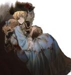  2boys aged_down ascot axis_powers_hetalia blonde_hair blood blood_on_clothes blue_tunic bow brooch busigui406 carrying earrings epaulettes eyepatch flower france_(hetalia) gloves green_eyes hair_bow half_updo hat highres jewelry long_sleeves male_focus medium_hair multiple_boys pirate pirate_hat princess_carry short_hair thick_eyebrows tunic united_kingdom_(hetalia) wavy_hair 