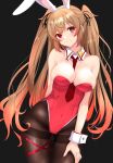  1girl absurdres alternate_costume animal_ear_hairband animal_ears ass_visible_through_thighs between_breasts black_background black_pantyhose breasts brown_eyes brown_hair cowboy_shot detached_collar fake_animal_ears gradient_hair hair_flaps hairband heterochromia highres kantai_collection large_breasts leotard long_hair looking_at_viewer multicolored_hair murasame_(kancolle) murasame_kai_ni_(kancolle) necktie necktie_between_breasts nitamako_(sakamalh) pantyhose playboy_bunny rabbit_ears red_eyes red_leotard red_necktie simple_background solo strapless strapless_leotard thighband_pantyhose two_side_up wrist_cuffs 