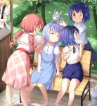  5girls ;t absurdres angora_rabbit animal black_skirt blonde_hair blue_dress blue_eyes blue_hair blue_ribbon blue_shorts brown_eyes brown_skirt closed_mouth clothes_around_waist collared_shirt commentary_request day dress fuiba_fuyu gochuumon_wa_usagi_desu_ka? highres holding holding_animal jouga_maya kafuu_chino kirima_syaro long_hair low_twintails multiple_girls natsu_megumi neck_ribbon one_eye_closed outdoors pink_skirt plaid_clothes plaid_skirt pleated_skirt puffy_short_sleeves puffy_shorts puffy_sleeves rabbit red_eyes ribbon sailor_collar sandals scar scar_across_eye scar_on_face shirt short_sleeves shorts sitting skirt sleeveless sleeveless_dress standing stick_jitb suspender_skirt suspenders tippy_(gochiusa) tree twintails very_long_hair white_sailor_collar white_sandals white_shirt wild_geese 