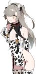  1girl animal_ear_hairband animal_ears animal_print bell bright_pupils brown_hair cosplay cow_ears cow_horns cow_print cow_print_gloves cow_print_thighhighs fake_animal_ears fake_horns garter_straps girls&#039;_frontline girls&#039;_frontline_2:_exilium gloves hair_over_one_eye hairband highres horns leva_(girls&#039;_frontline_2) looking_at_viewer malsan neck_bell no_panties one_side_up print_gloves print_thighhighs qiuhua_(girls&#039;_frontline_2) scar scar_across_eye scar_on_face simple_background skindentation solo thighhighs type_97_shotgun_(girls&#039;_frontline) type_97_shotgun_(girls&#039;_frontline)_(cosplay) ump45_(girls&#039;_frontline) white_background white_pupils yellow_eyes 