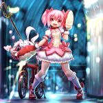  1girl :3 bubble_skirt choker gloves highres kaname_madoka kneehighs kyubey lobster_claw magia_record:_mahou_shoujo_madoka_magica_gaiden magical_girl mahou_shoujo_madoka_magica nanami_nanao pink_eyes pink_hair red_eyes short_hair short_twintails skirt sword twintails weapon white_gloves white_legwear 