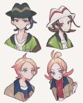  2boys 2girls black_hair black_hat blue_shirt brown_hair brown_jacket cropped_shirt enekonoshippo27 gradient_hair green_jacket harmony_(pokemon) hat holding holding_poke_ball jacket multicolored_hair multiple_boys multiple_girls open_clothes open_jacket paxton_(pokemon) poke_ball pokemon pokemon_legends:_z-a red_shirt shirt short_hair striped_hat taunie_(pokemon) turtleneck turtleneck_shirt upper_body urbain_(pokemon) white_background white_hat 