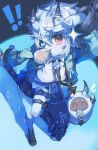  ! !! 1girl absurdres arm_up black_shoes blue_hair blue_skin collared_shirt colored_skin commentary_request cuffs food green_jacket highres holding holding_weapon horns jacket korean_commentary looking_at_viewer mouth_hold naengbi1008 one_eye_closed oni pointy_ears red_eyes shirt shoes short_hair soukaboo_(zenless_zone_zero) soukaku_(zenless_zone_zero) standing standing_on_one_leg steamed_bun tail thigh_strap weapon white_shirt zenless_zone_zero 