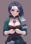  1girl absurdres armor blue_hair blush breasts choker cleavage collarbone fire_emblem fire_emblem:_three_houses grin highres jacket kfsocks large_breasts looking_at_viewer open_clothes open_jacket parted_lips pink_lips purple_eyes shamir_nevrand short_hair shoulder_armor smile solo teeth upper_body 