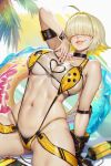  1girl ahoge bikini blonde_hair breasts cleavage cleavage_cutout clothing_cutout elegg_(boom_and_shock)_(nikke) elegg_(nikke) gloves goddess_of_victory:_nikke grin heart_cutout highres large_breasts navel neoartcore official_alternate_costume short_hair single_glove smile solo suspenders swimsuit yellow_bikini 