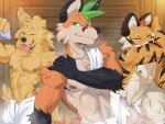  3boys abs animal_ears bottle closed_eyes closed_mouth dog_boy dog_ears dog_tail ear_piercing english_commentary fang fang_out fox_boy fox_ears fox_tail furry furry_male highres holding holding_bottle i_think_i_like_you jax_(itily) looking_at_viewer male_focus may0nnaixe mohawk multicolored_hair multiple_boys muscular muscular_male naked_towel navel nipples one_eye_closed open_mouth pectorals piercing plastic_bottle ray_(itily) red_(itily) sauna smile steam streaked_hair sweat tail tiger_boy tiger_ears tiger_stripes tiger_tail tongue tongue_out topless_male towel 