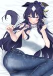  1girl adversarial_noise alternate_costume anchor_symbol animal_ears bare_arms bare_shoulders bed bed_sheet blue_eyes blue_hair blue_pants blue_tail blush breasts bright_pupils casual commentary copyright_notice curled_fingers denim diamond_(shape) ear_covers ear_ornament ear_piercing ears_down feet_out_of_frame furrowed_brow hair_between_eyes hands_up highres horse_ears horse_girl horse_tail jeans knees_up large_breasts legs_together long_hair lying mole mole_under_eye on_bed open_mouth pants piercing ribbed_sweater sidelocks single_ear_cover sleeveless sleeveless_sweater sleeveless_turtleneck_sweater sweater sweater_tucked_in tail turtleneck turtleneck_sweater twitter_username umamusume verxina_(umamusume) white_pupils white_sweater yamano_rokamizu 
